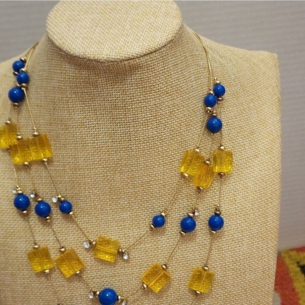 Treska Blue Yellow Multi Strand Layered Statement Necklace Gold Tone Rhinestones - Picture 4 of 6
